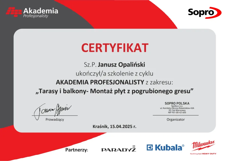 Certyfikat Sopro Akademia Profesjonalisty
